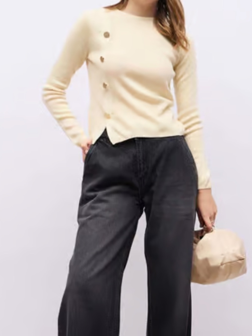 Primark Cares Cream Ribbed Knit Sweater Gold Side Buttons